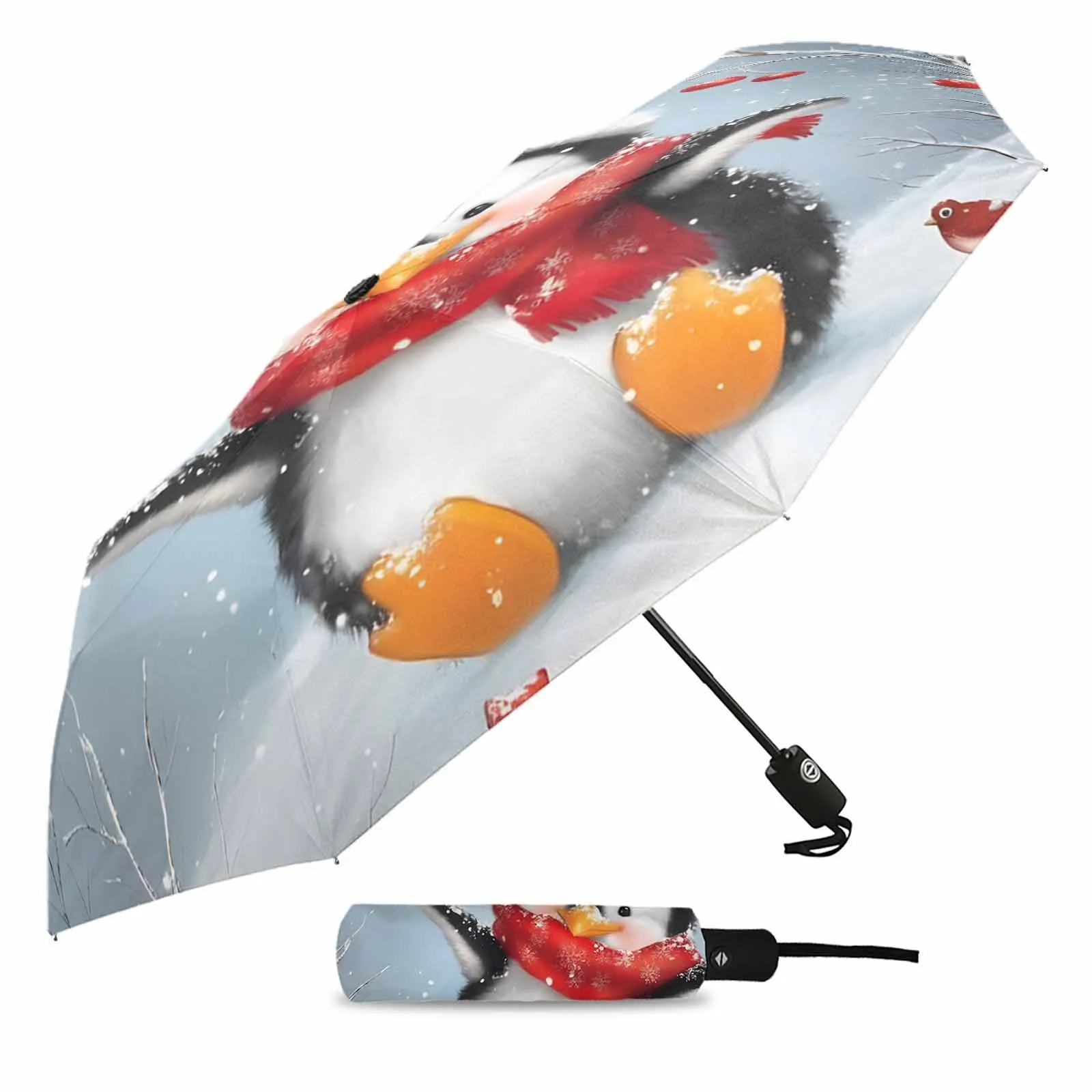 Christmas Lantern Bird Penguin Oil Painting Outdoor Beach Printed Rain Umbrella for Women Fully-automatic Foldable Sun Umbrella