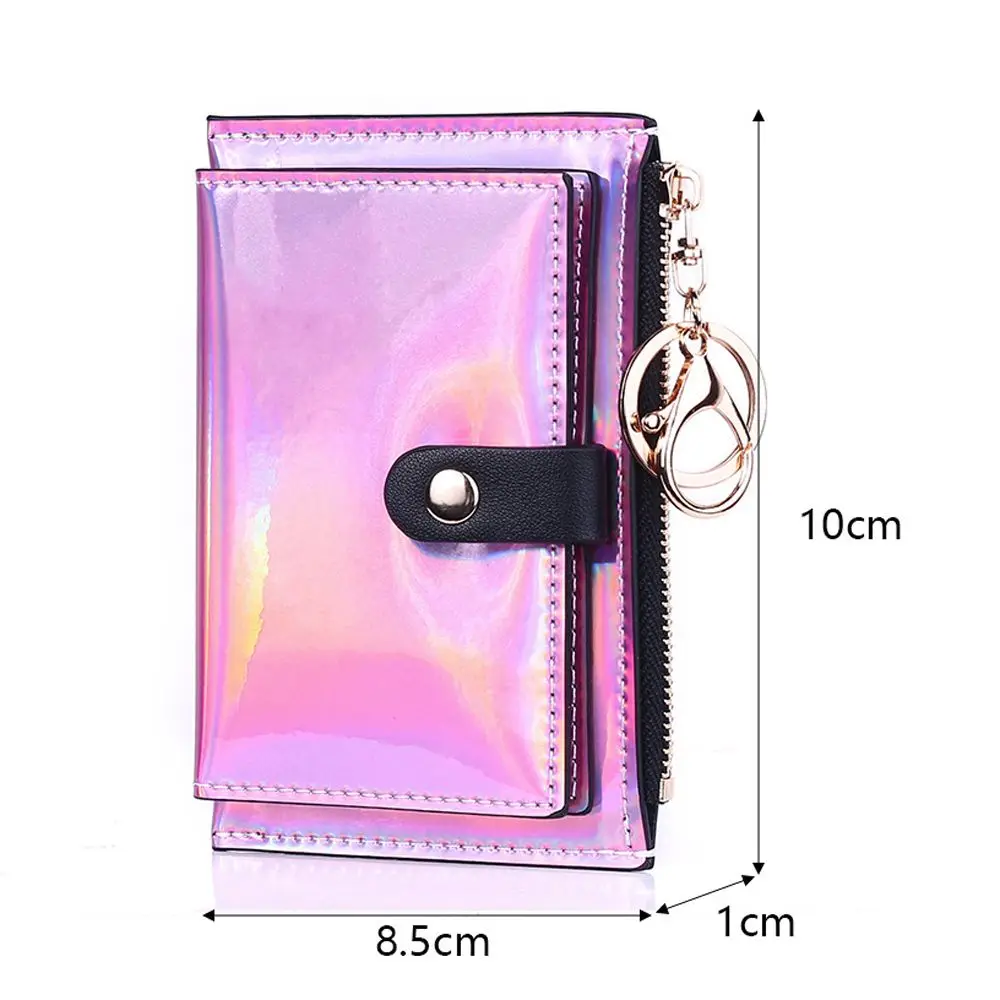 Fashion Women Double Sided Zipper Credit ID Card Bank Card Coin Purse Laser Card Holder Keychain Mini Wallet