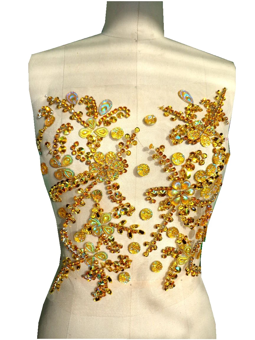 

ZBROH Handmade golden sew on Rhinestones applique crystal patches with stones sequins beads 31*27cm for dress