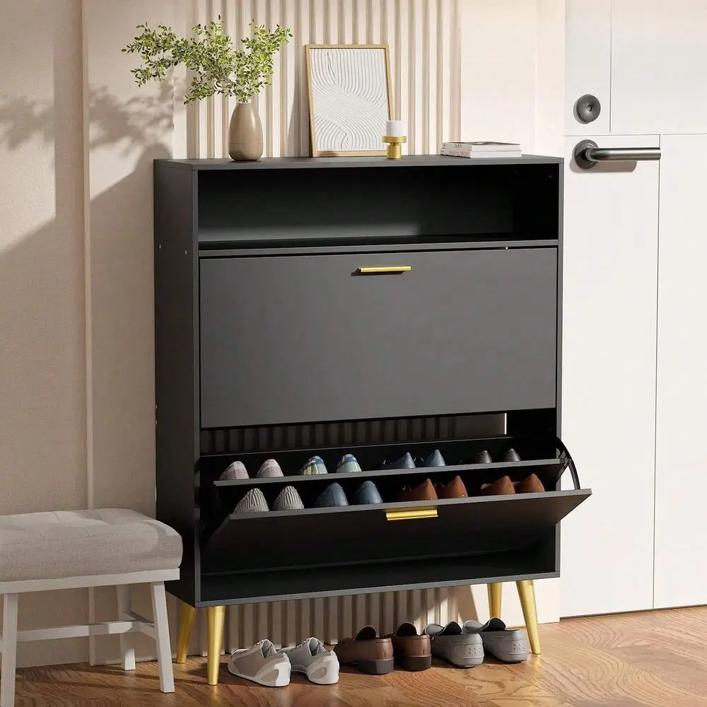 Narrow Entryway Shoe Cabinet with 2 Flip Drawers, Slim Freestanding Hidden Shoe Storage Organizer for Home