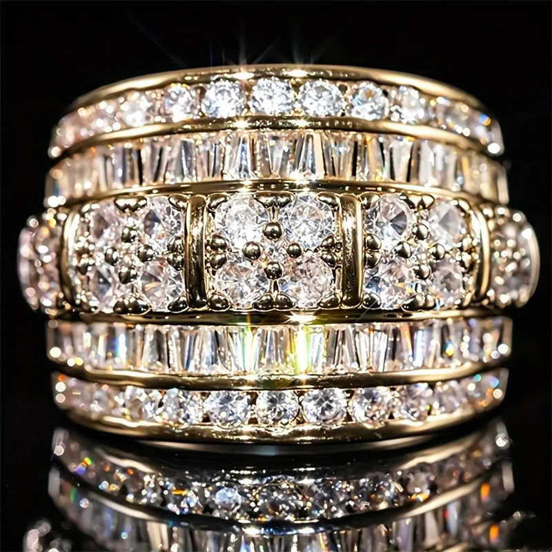 Exquisiter goldfarbener, mit weißen CZ-Steinen eingelegter Damenring mit geometrischem Design für den täglichen Gebrauch, Partyschmuck