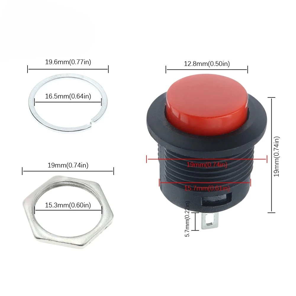 100PCS R13-507 Momentary Switches SPST Round Cap Push Button Switch AC 6A/125V 3A/250V Red Black White Yellow Green Blue