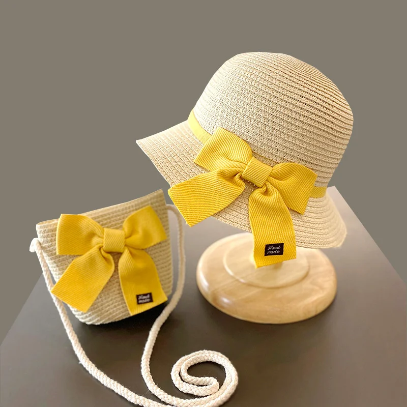 

Straw Hat Set For Baby Girls 3-8Y Children's Sunshade Cap+Bag Summer Baby Travel Sunscreen Beach Hat Sun Fisherman Cap 2PCS 2024