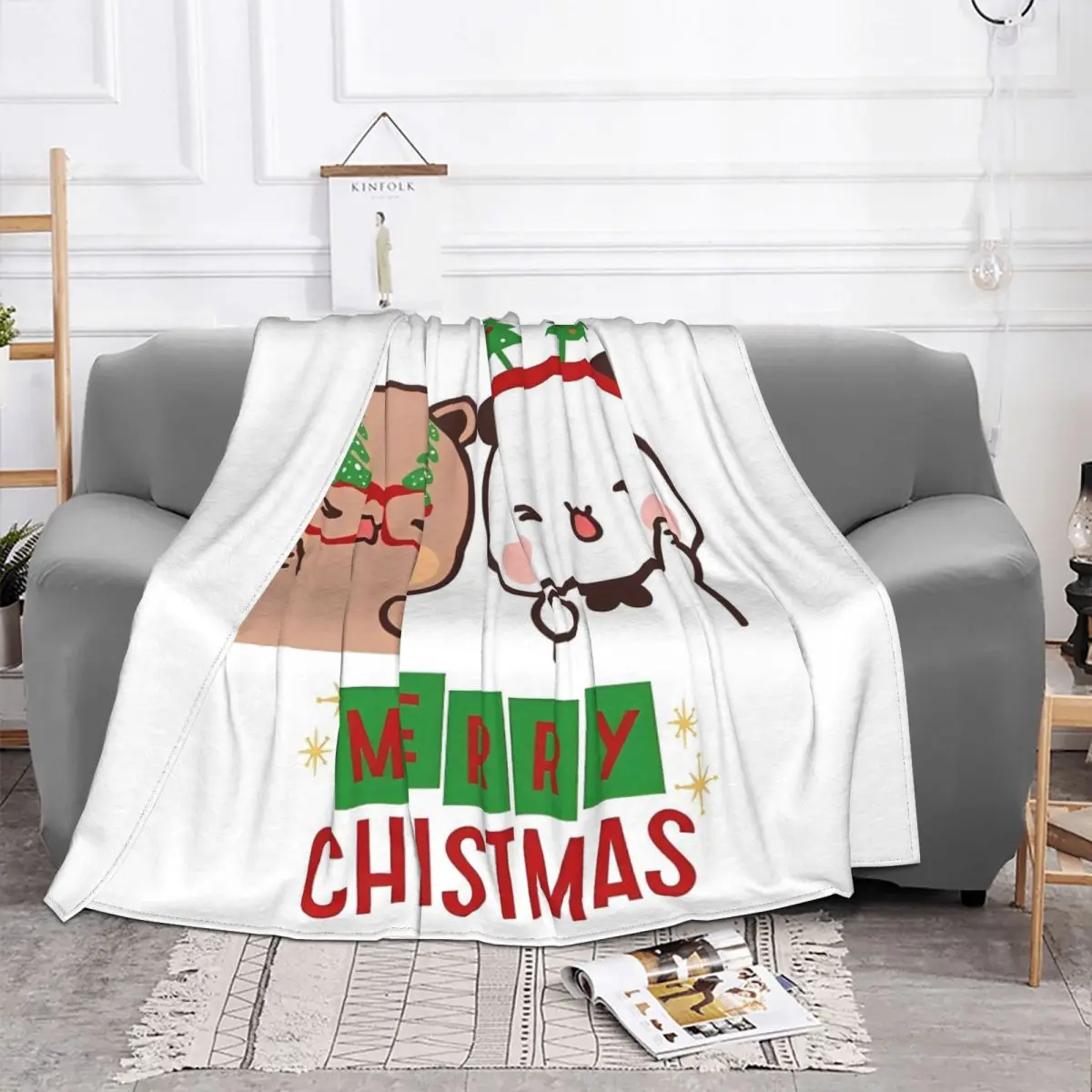 Merry Christmas DuDu Bear BuBu Panda Blanket Fleece Winter Xmas Portable Lightweight Thin Throw Blankets Bed Plush Thin Quilt