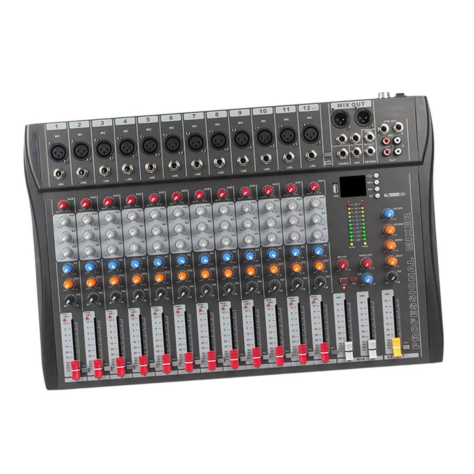 12 Channel Studio Audio Mixer Support 6.35mm V5.0 LCD Screen TRS Input DJ Sound Controller for Recording DJ Stage Karaoke Music