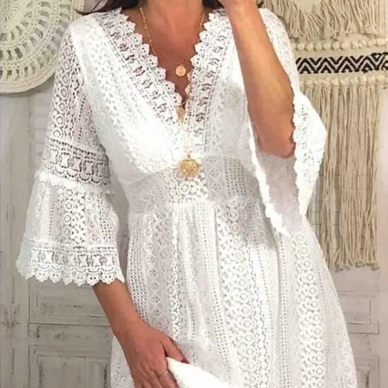 Spring Summer High Waist White Dresses Women Vestidos Elegant Flare Sleeve Dress New Casual V-neck Hollow Out Lace Dress 28307