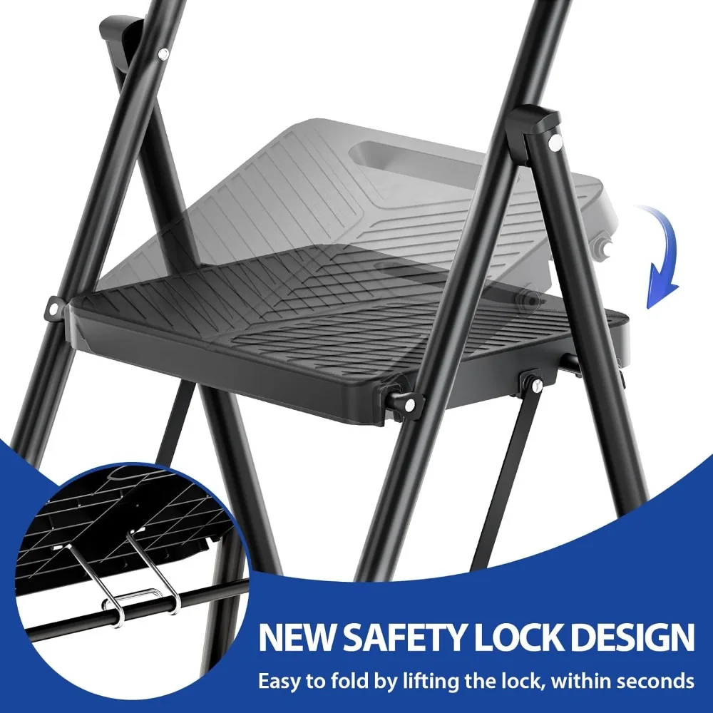 سلم قابل للطي بأربع خطوات، مقعد فولاذي عالي التحمل مع دواسات ودرابزين مضادة للانزلاق، سعة 500 رطل للمطبخ المنزلي #2