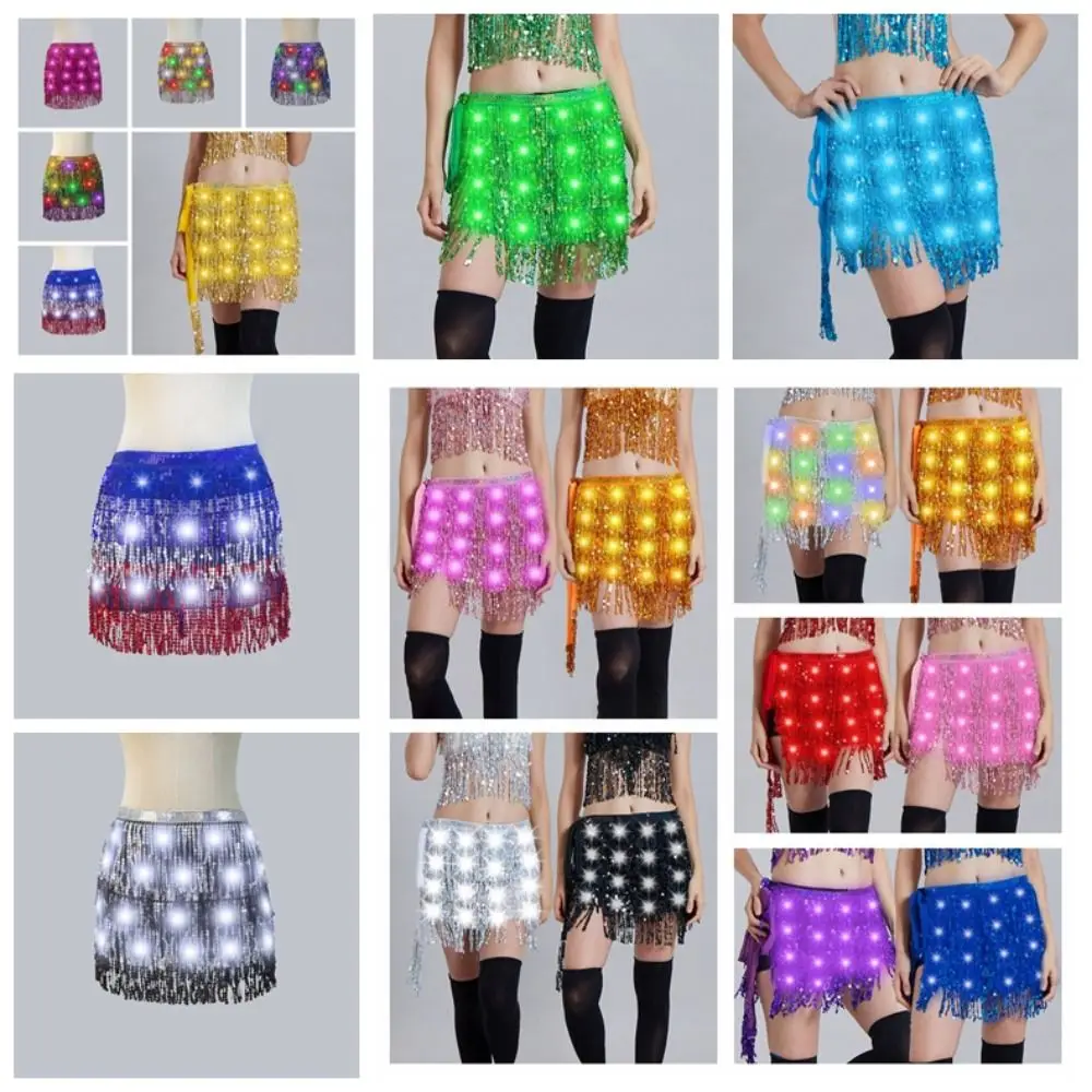 Belt Wrap Belly Dance Hip Scarf Shiny Lace-up Light Up Hip Scarf Star Fringe Night Club LED Sequin Tassel Skirts Festival