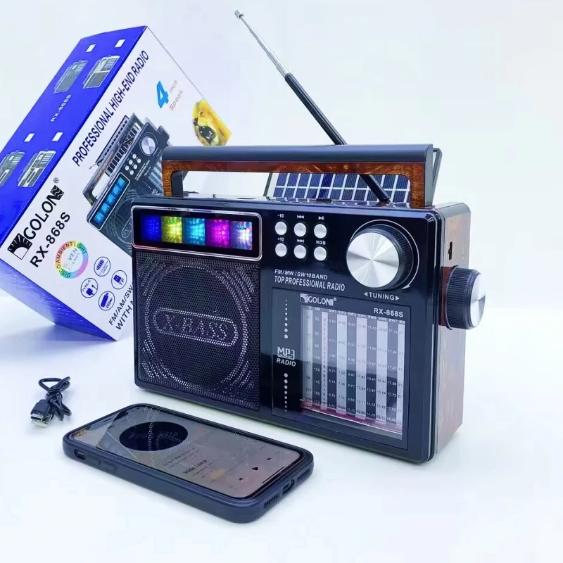 

FM AM SW 1-8Band Portable Retro Radio With Solar Panel Chargeable Multi-function Player for Outside Activities Bluetooth Speaker