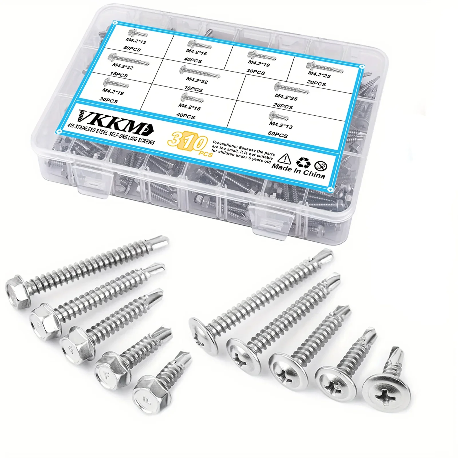 

310PCS #8 M4.2 self tapping sheet metal screw 410stainless steel outer hexagon head and cross round head, used for quick tapping