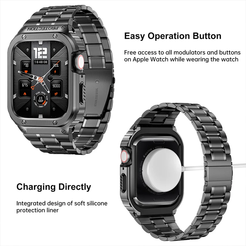 Luxury Metal Strap+Case For Apple Watch Ultra 2 49mm 316L Stainless Steel For iWatch SE 8 9 40 41mm 45/44mm Band Protective Case