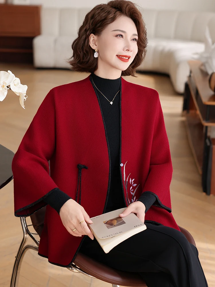 

Sli New Embroidered Knitted Top Open Cardigan Chinese Sle Mom Clothes Seven-Quarter Sve Middle-Aged And ly Thin...