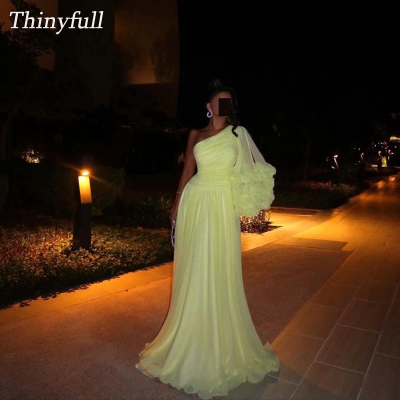 

Thinyfull Tulle A-line Prom Dresses One Shoulder Long Sleeves Evening Party Gown Dubai Custom Made Dress 2025 Robe De Soirée