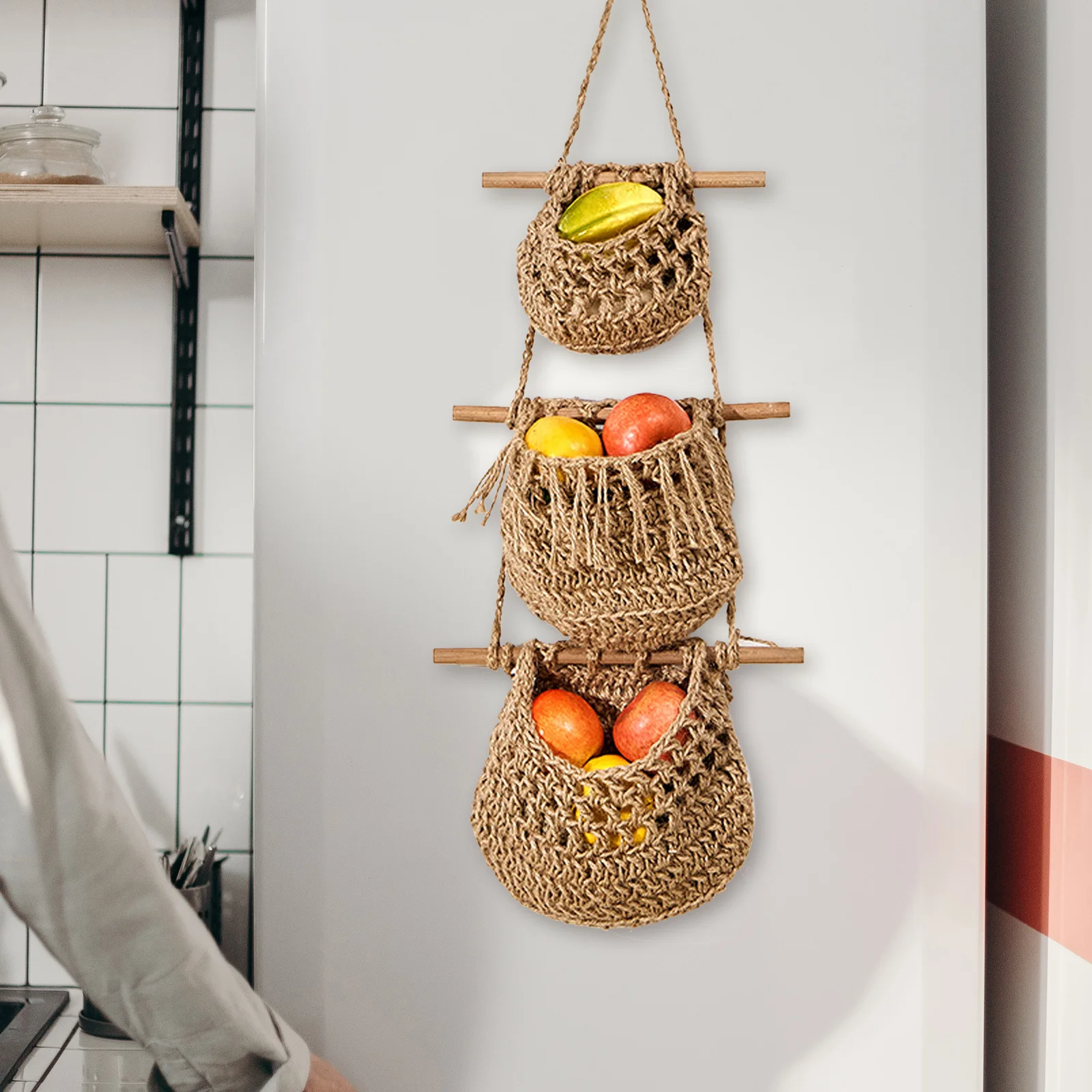 

3-Tier Hanging Kitchen Fruit Basket Wall Mounted Storage Organizer Handwoven Vegetable Holder Space Saving Easy Hanging