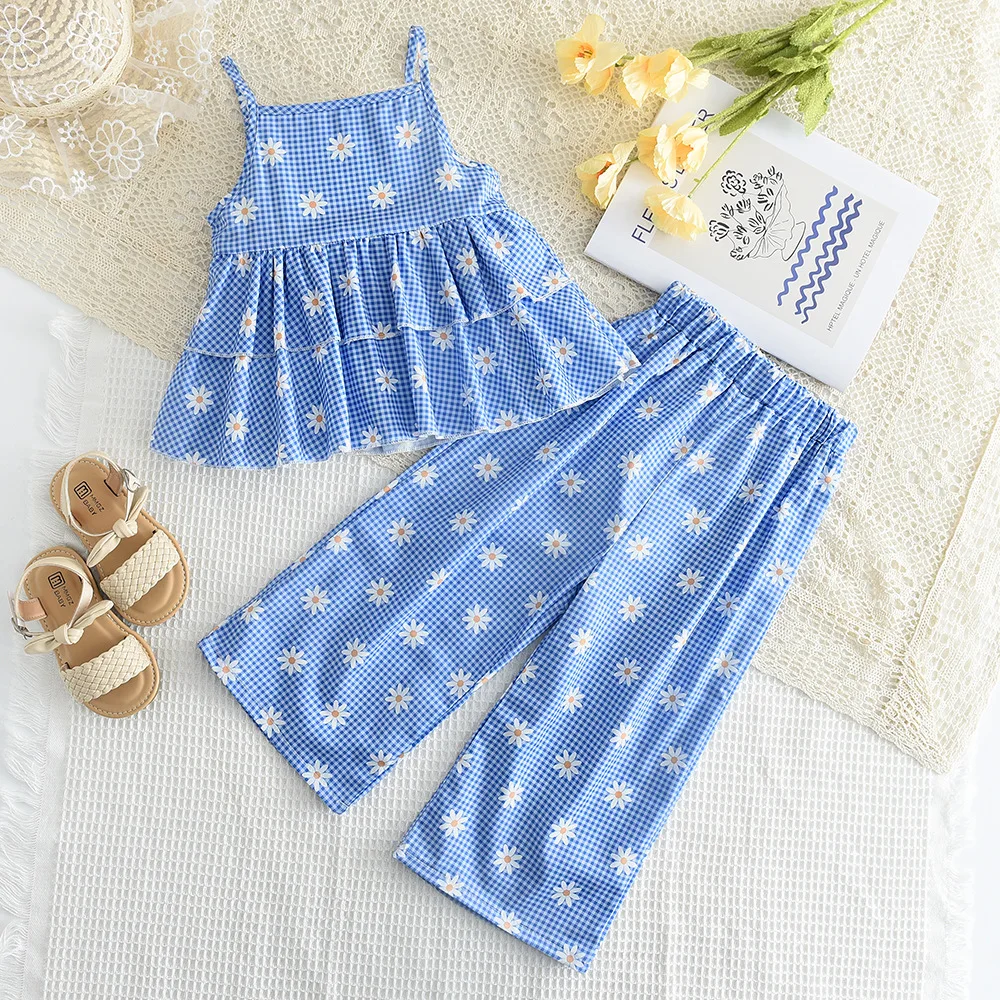 2024 Summer Child Clothes Sets Sleeveless Ruffles Floral Plaid Blue Pants 2 Piece Sets Designer Girls Clothes Sets 3-7T