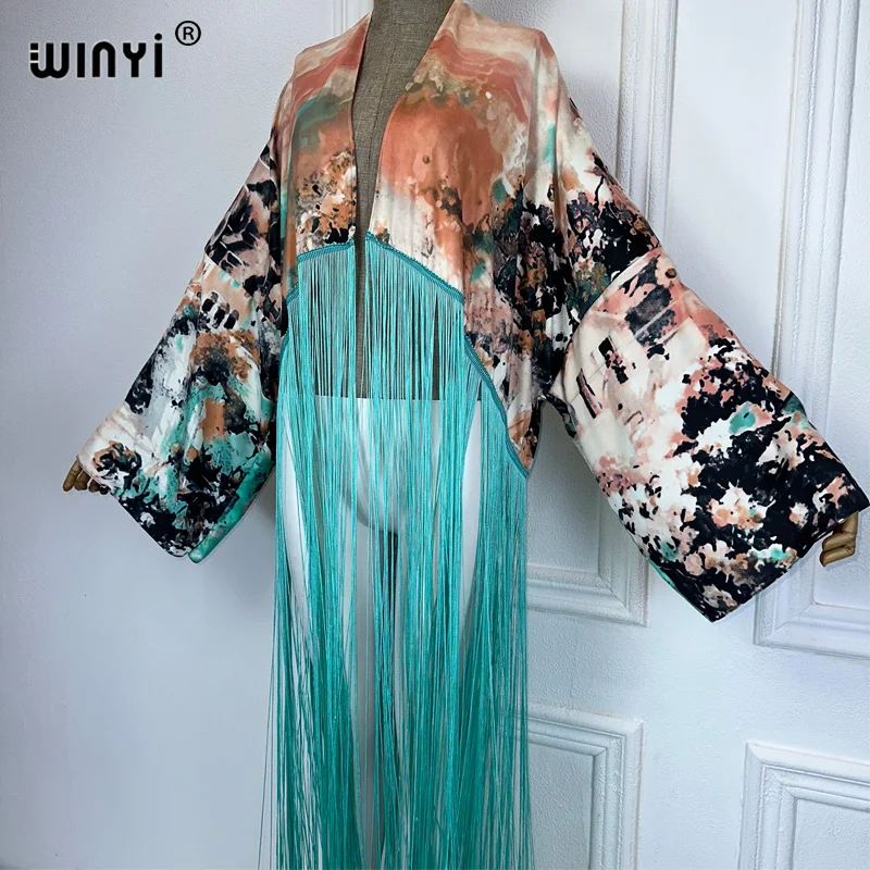 WINYI kimono boho fashion summer beachwear summer Classic print Bikini Cover-up Cardigan sexy Holiday long Sleeve tassels top