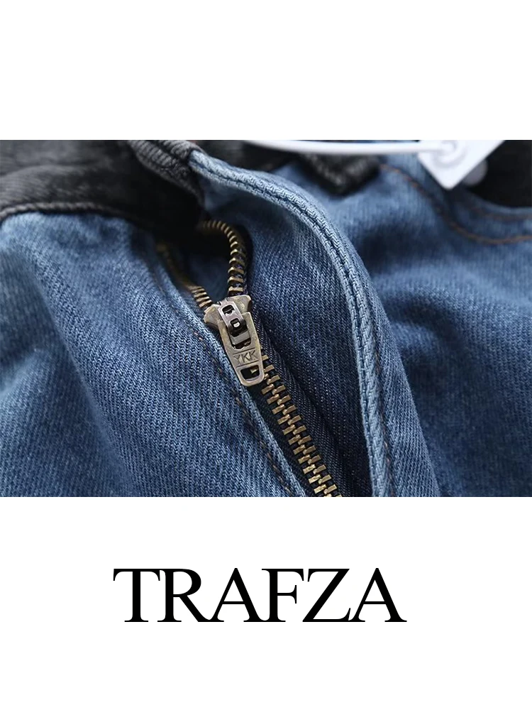 TRAFZA 2023 Woman\'s Casual Denim Pants Black And Blue Patchwork Mid-Waist Pocket Buttons Zipper Female Autumn Chic Jeans