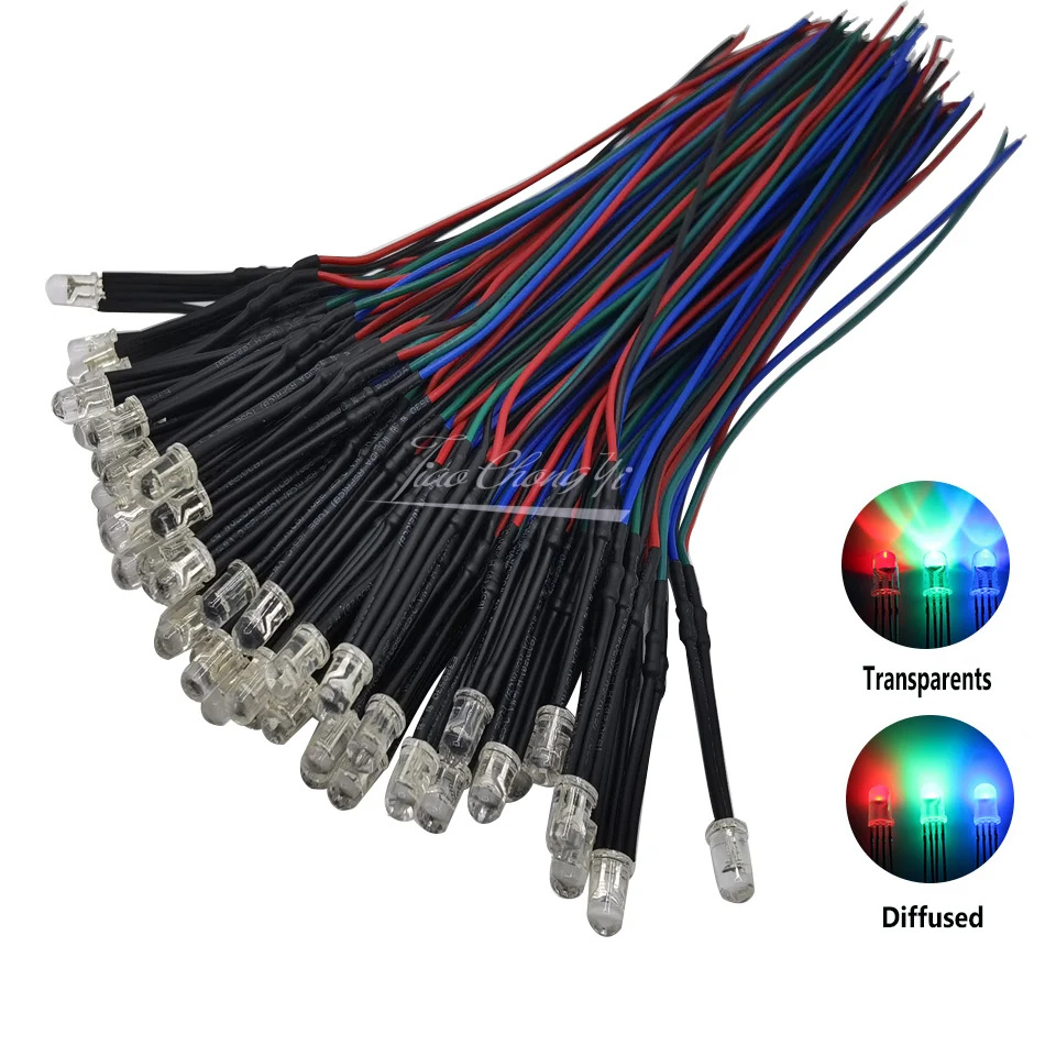 10pcs DC 9-12V  5mm Round 20cm Pre Wired  LED Lamp Light  RGB Multicolor Diode Emitting Diodes LED