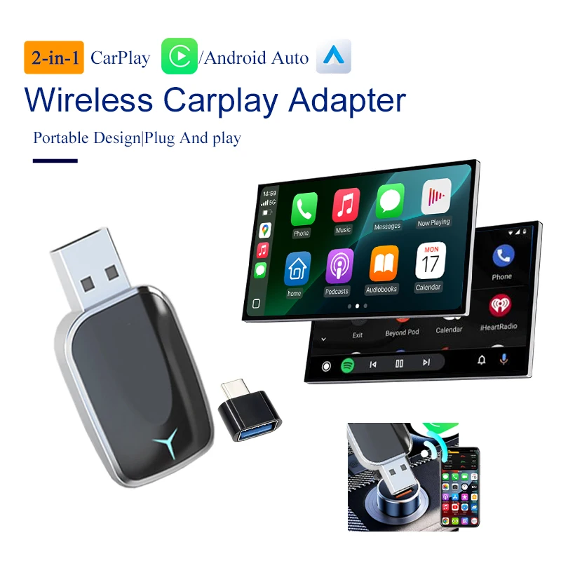 

Адаптер 2-в-1 для беспроводного CarPlay и Android Auto, умный AI-бокс с функцией Plug and Play для всех автомобилей с проводным CarPlay