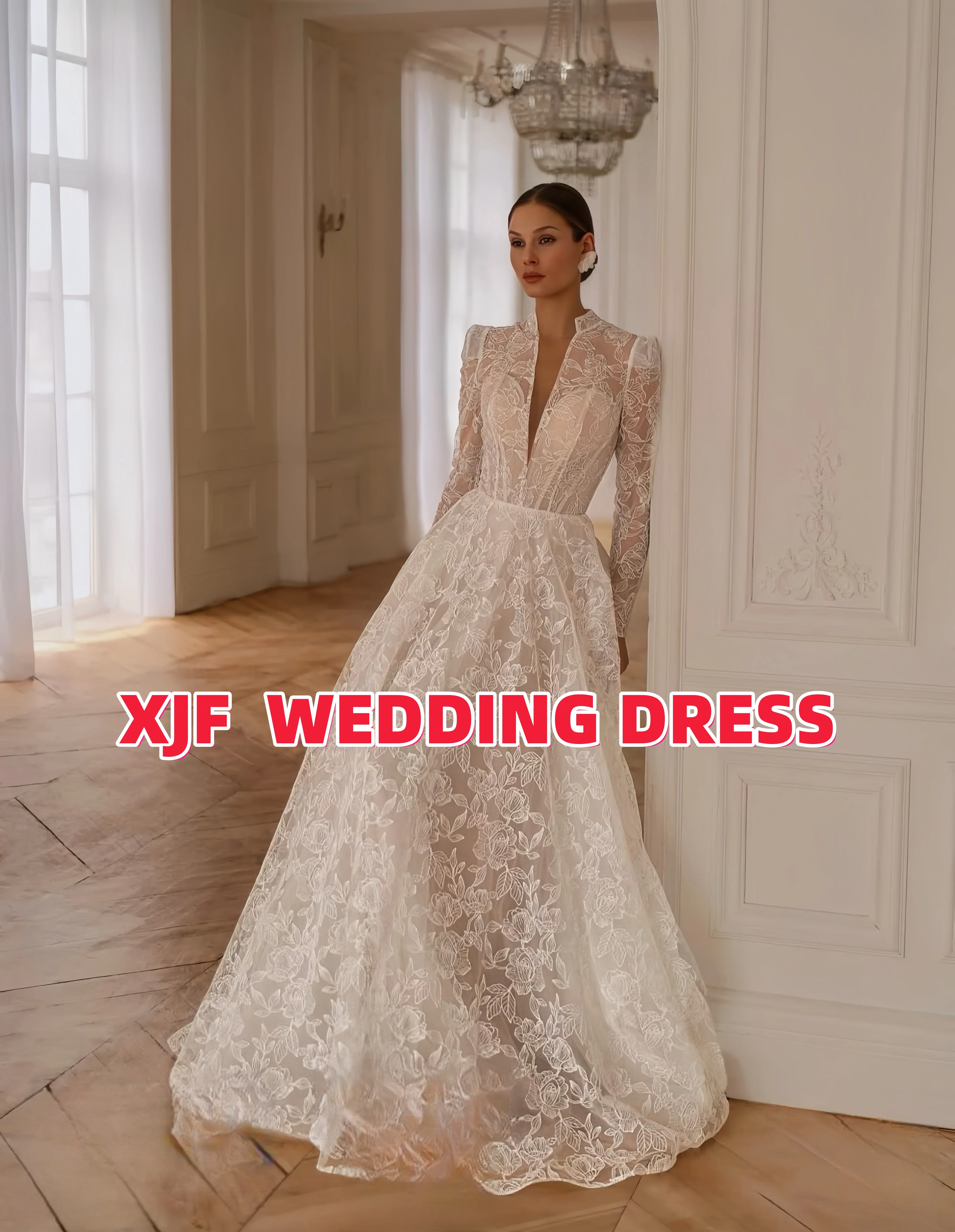 Aangepaste Prachtige trouwjurk V-hals Lange mouw kant A-LIJN robe de mariee trouwjurk vestidos de novia