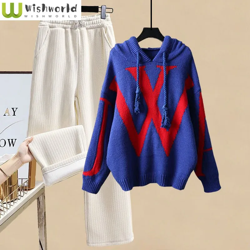 

Loose Casual Hoodie Knitted Sweater Pullover Casual Wide Leg Pants Two-piece Elegant Women's Pants Set Trucksuit Outfit