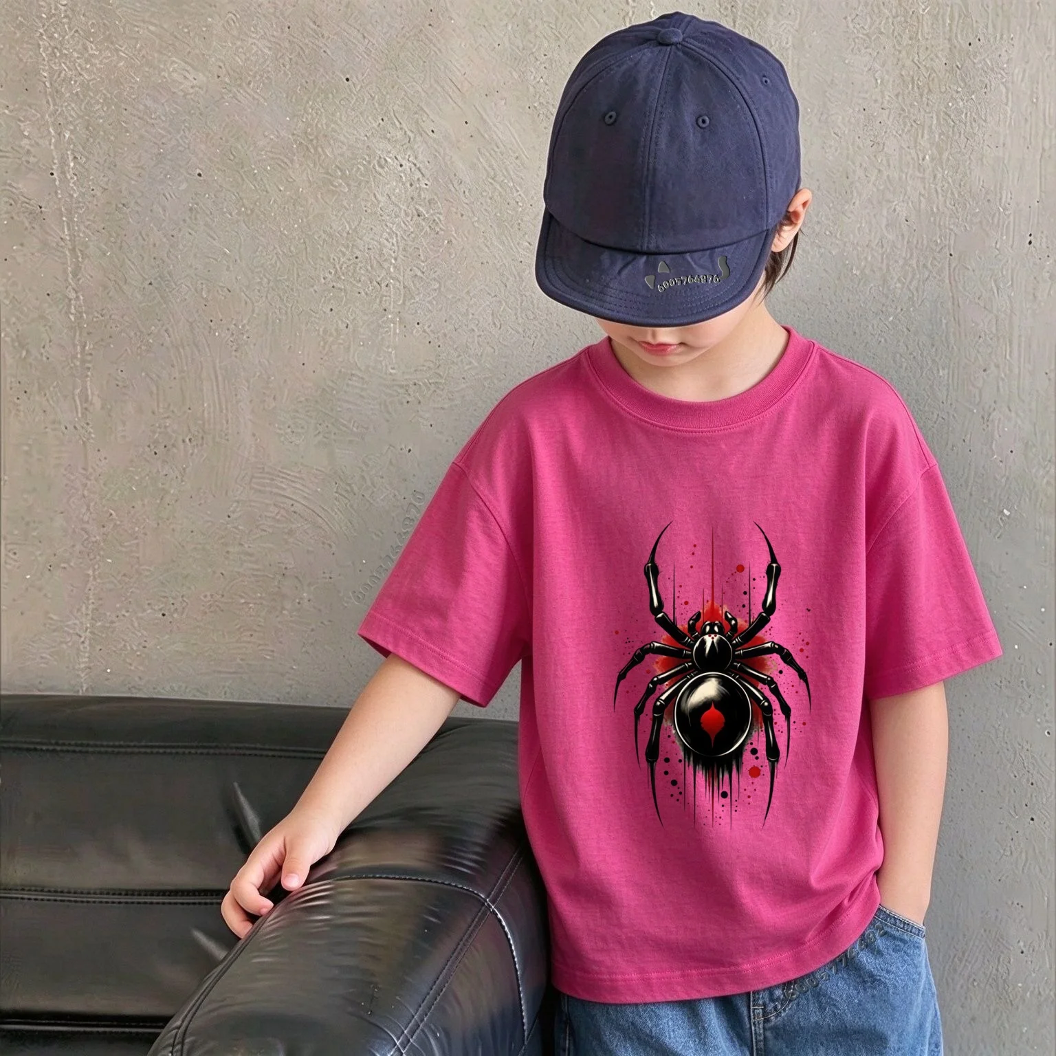 Unisex Kids Pure Cotton Short Sleeve T-Shirt, Cool Spider Graphic Print, Soft Breathable Round Neck Summer Casual Tees