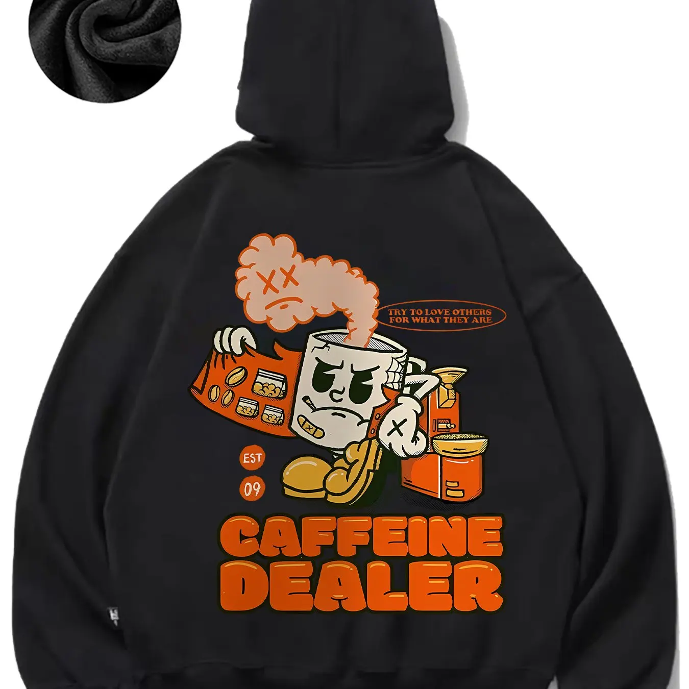 

black hooded sweatshirt grumpy coffee character graphic new street fashion xx smoke symbol caffeine dealer text long sleeve​