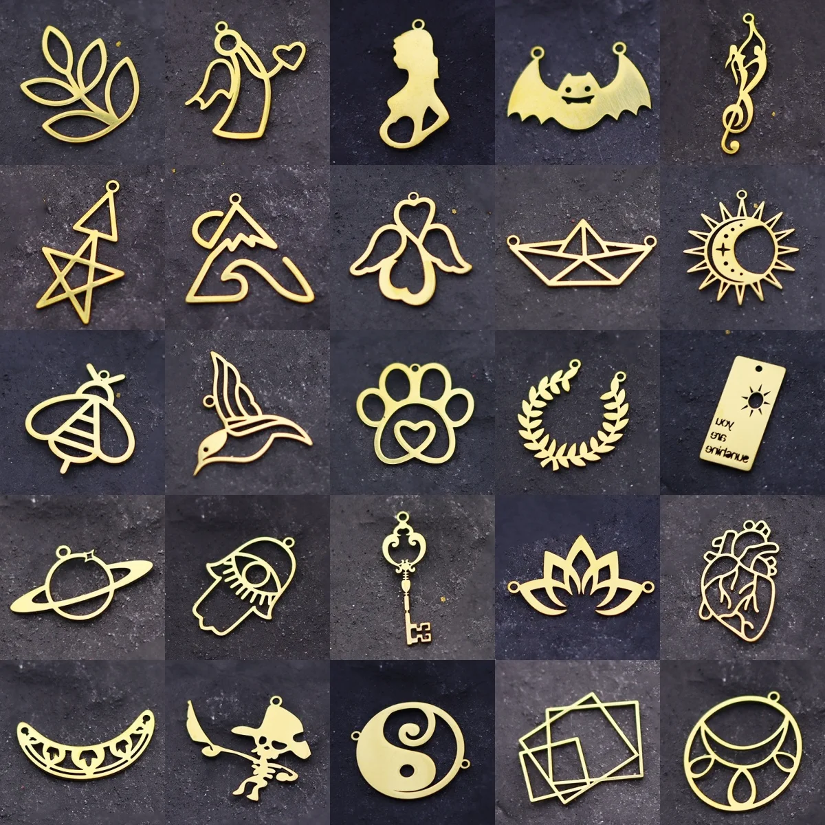 3 Peças de Pingentes e Acessórios DIY de Metal Dourado com Formatos de Chave, Planeta, Abelha, Anjo, Morcego, Folha, Nota Musical, Nascer do Sol e Pôr do Sol, Montanha, Onda, Barco e Linha