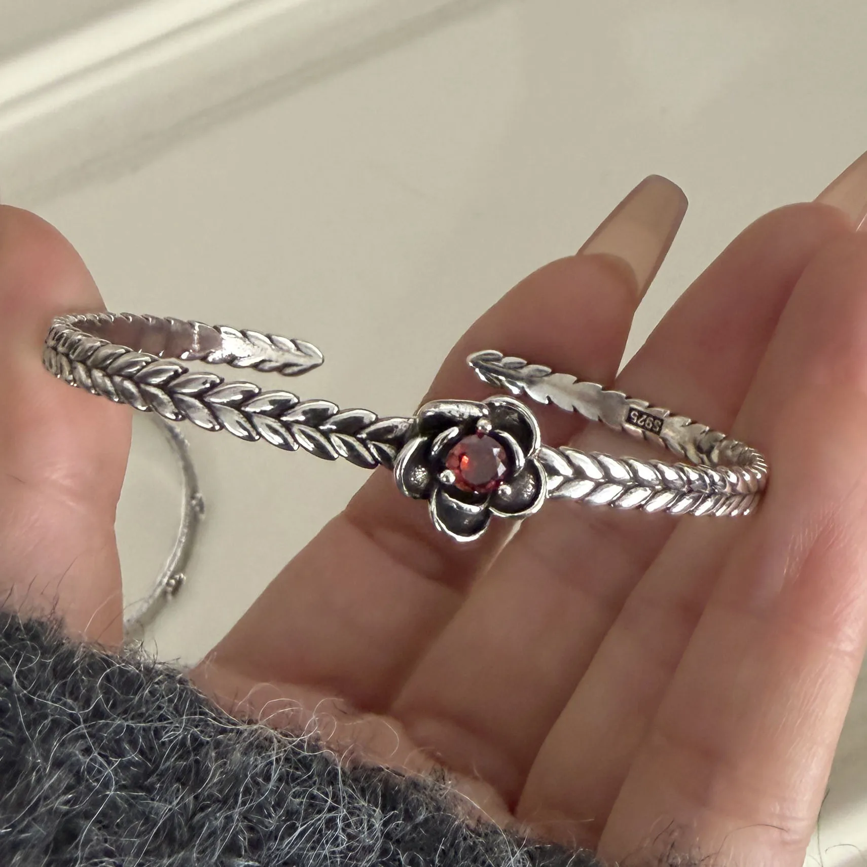 925 Sterling Silver Bracelets for Women Men String Accessories Trend Vintage Flower Red Stone Pendant Party Jewelry Gift