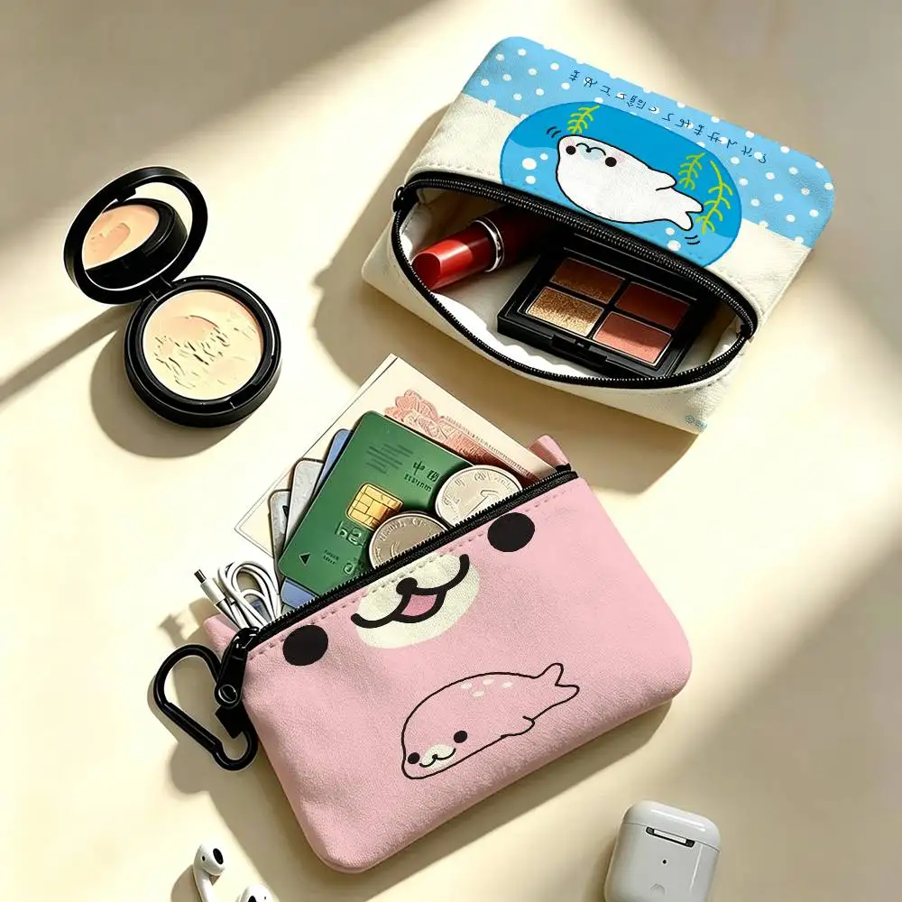 CUTE M-Mamegoma   Portable Oxford Fabric Mini Wallet Carabiner Design Small Coin Bag For Cards Keys Earphones
