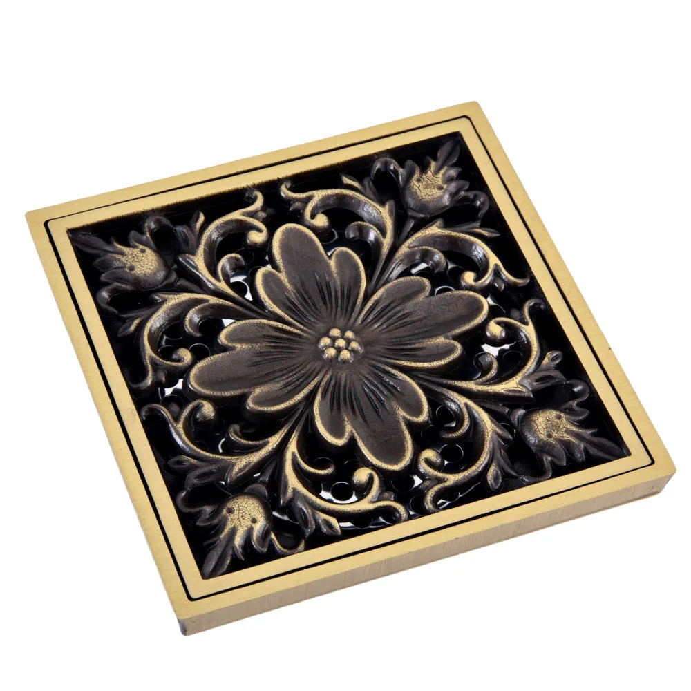 Antique Brass Carved Flower Pattern Bathroom Shower Drain 4