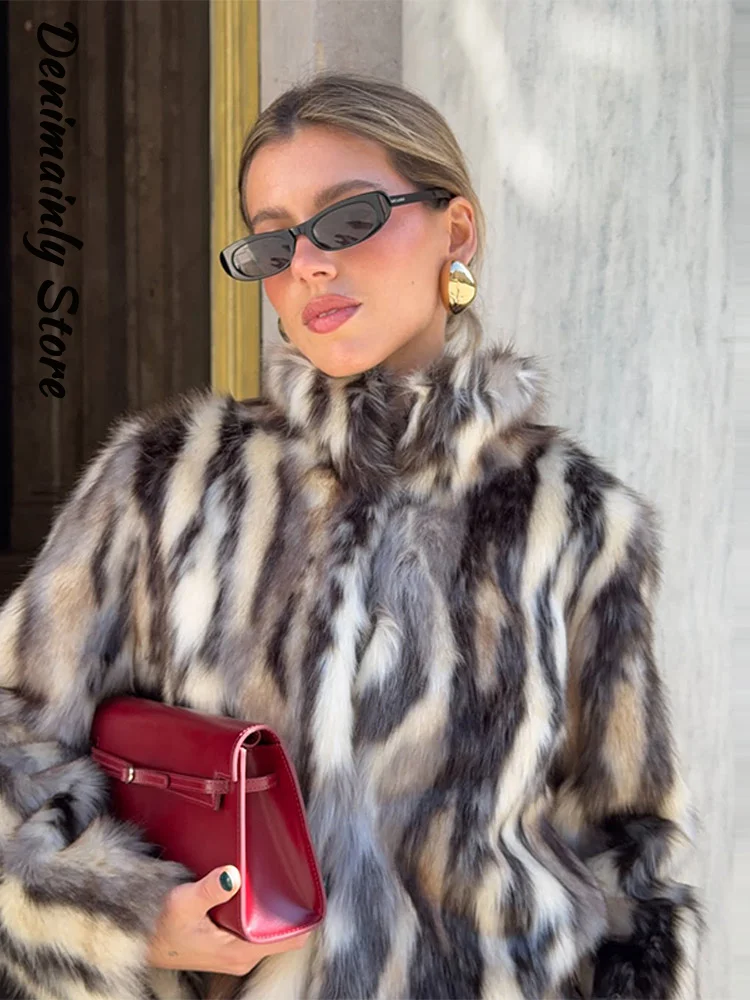 

Chic Environmentally Rabbit Fur Coat Women Stand Collar Loose Contrast Jacket Female 2025 Autumn Winter Lady Warm Jackets New