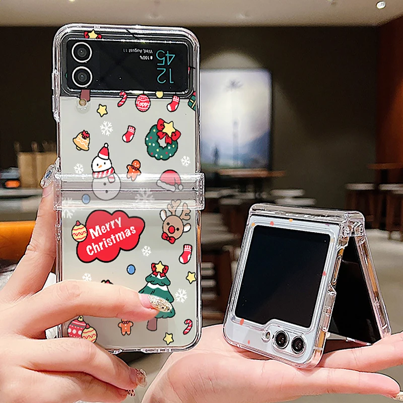 Christmas Santa Elk Print Case For Samsung Galaxy Z Flip 7 6 5 4 3 Clear Folding Phone Cover For Samsung Z Flip5 Flip6 Flip7 FE