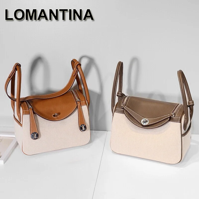 

LOMANTINA 26.30CM Cow Leather+Canvas Lady Lindi Bag Shoulder Messenger Bag Women Genuine Leather Designer Doctor Luxury Handbags