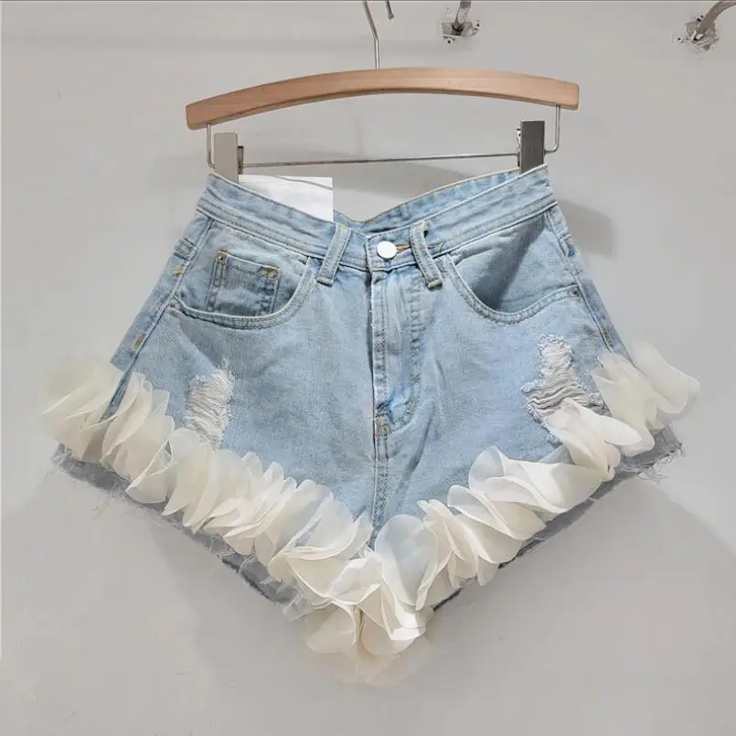 

Women's Denim Shorts High Waist Spliced Petal Broken Holes Wide Leg Design Short Pants 2024Summer New Fashion w957 ﻿