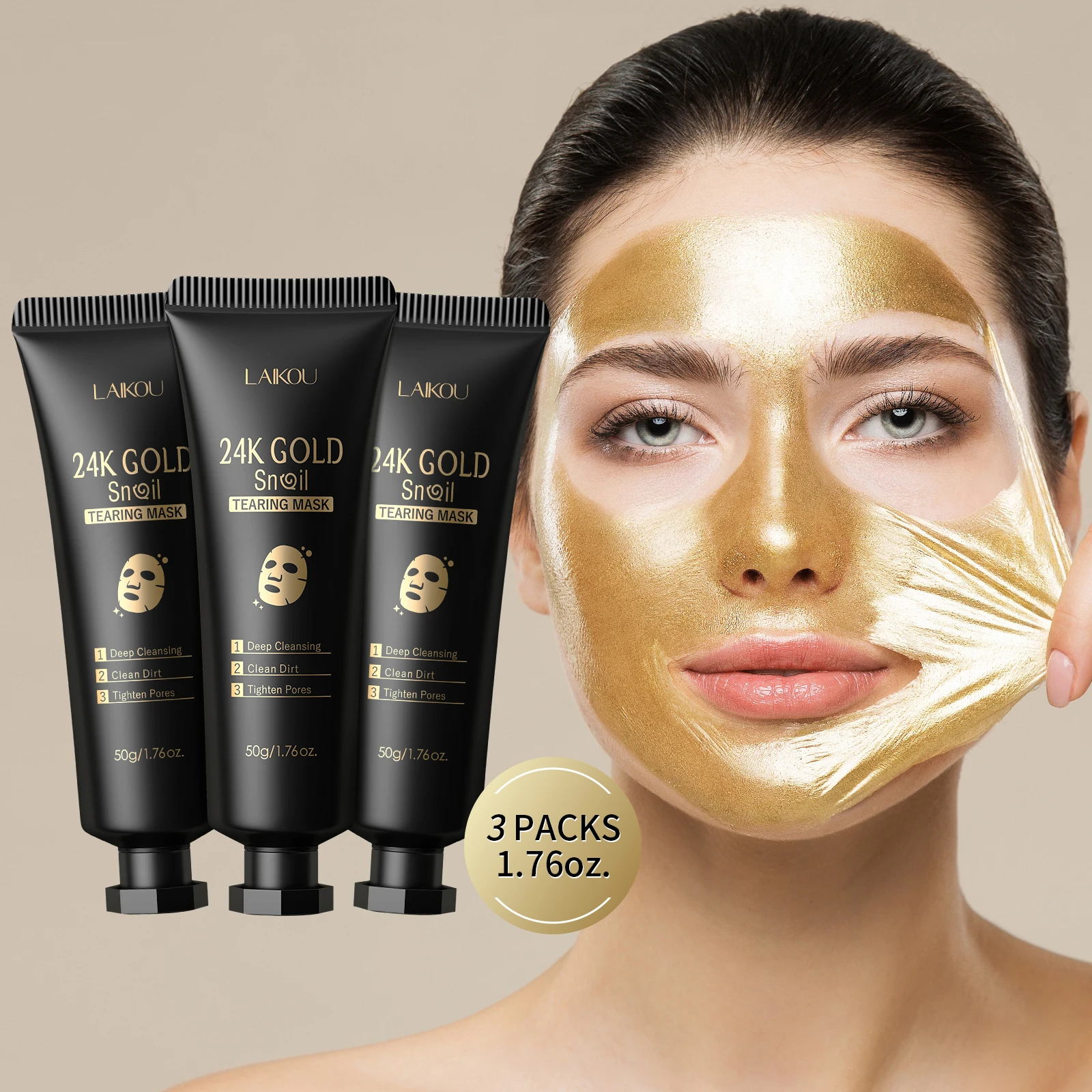 

LAIKOU 24K Gold Snail Peel-Off Mask 3PCS Deep Cleansing Pore Tightening Blackhead Removal Detoxifying Facial Treatment 50g