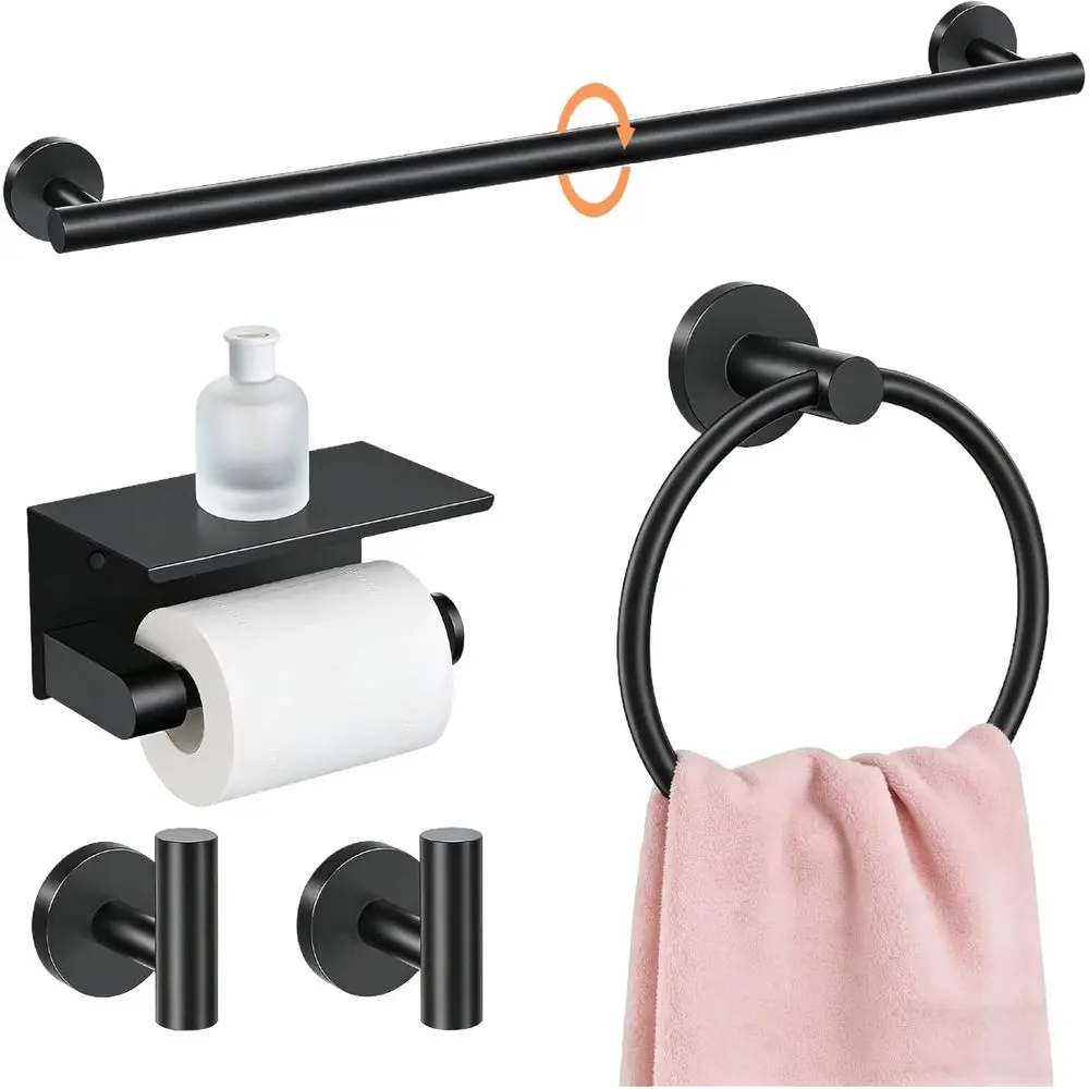 

Набор аксессуаров для ванной комнаты из 5 предметов: матовый черный держатель для полотенец 24 дюйма, держатель для туалетной бумаги с полкой, настенный, из нержавеющей стали