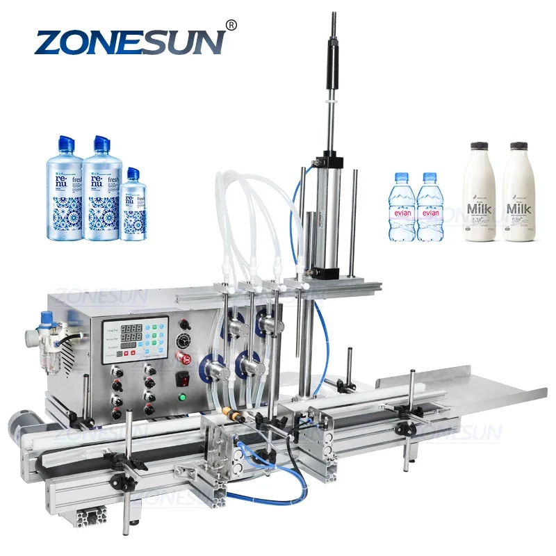 ZONESUN 4 Diving Nozzles Magnetic Pump Automatic Desktop CNC Oil Liquid Water Filler With Conveyor For Perfume Filling Machine