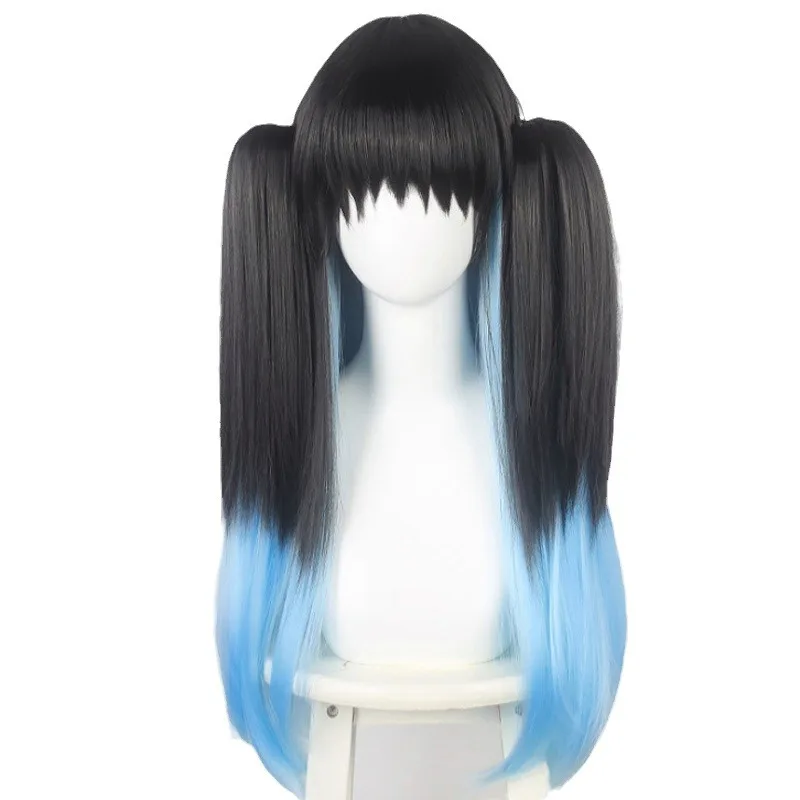 Perruque Anime Kyojuro Rengoku Cosplay cheveux raides dégradés noir à bleu
