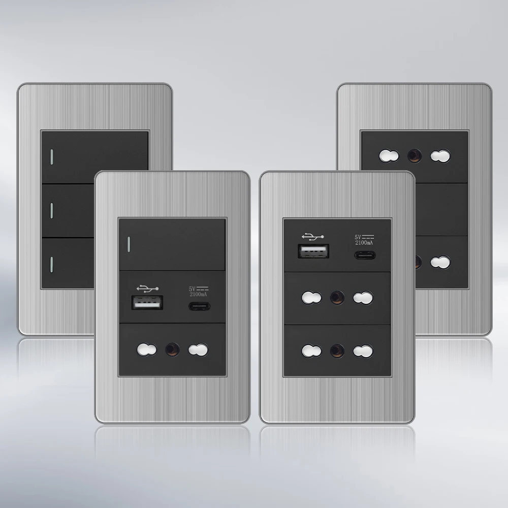 VISWE 16A Electrical Socket and Switch 1way Italy Chile 118*72mm Stainless Steel Panel, light switch plugs with usb ports Black