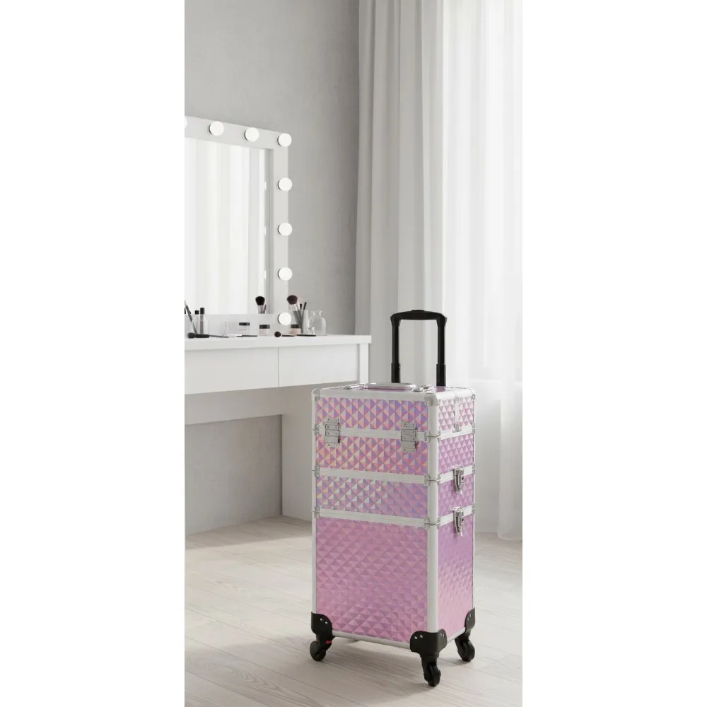 

3-in-1 Professional Rolling Makeup Case with 360° Wheels, Lock & Adjustable Storage - Pink Diamond Pattern