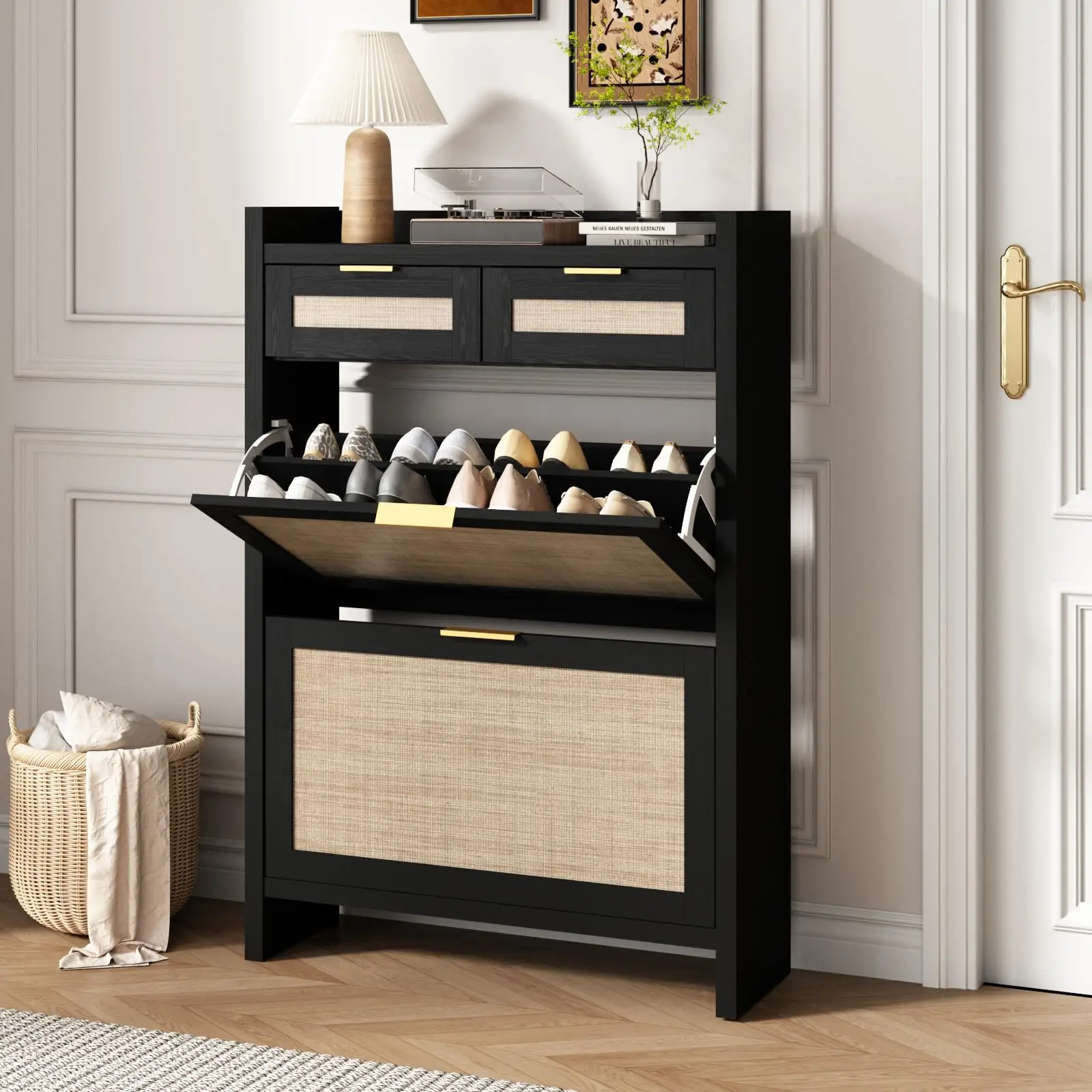Rattan Shoe Storage Cabinet with 2 Drawers & 2 Flip Drawers