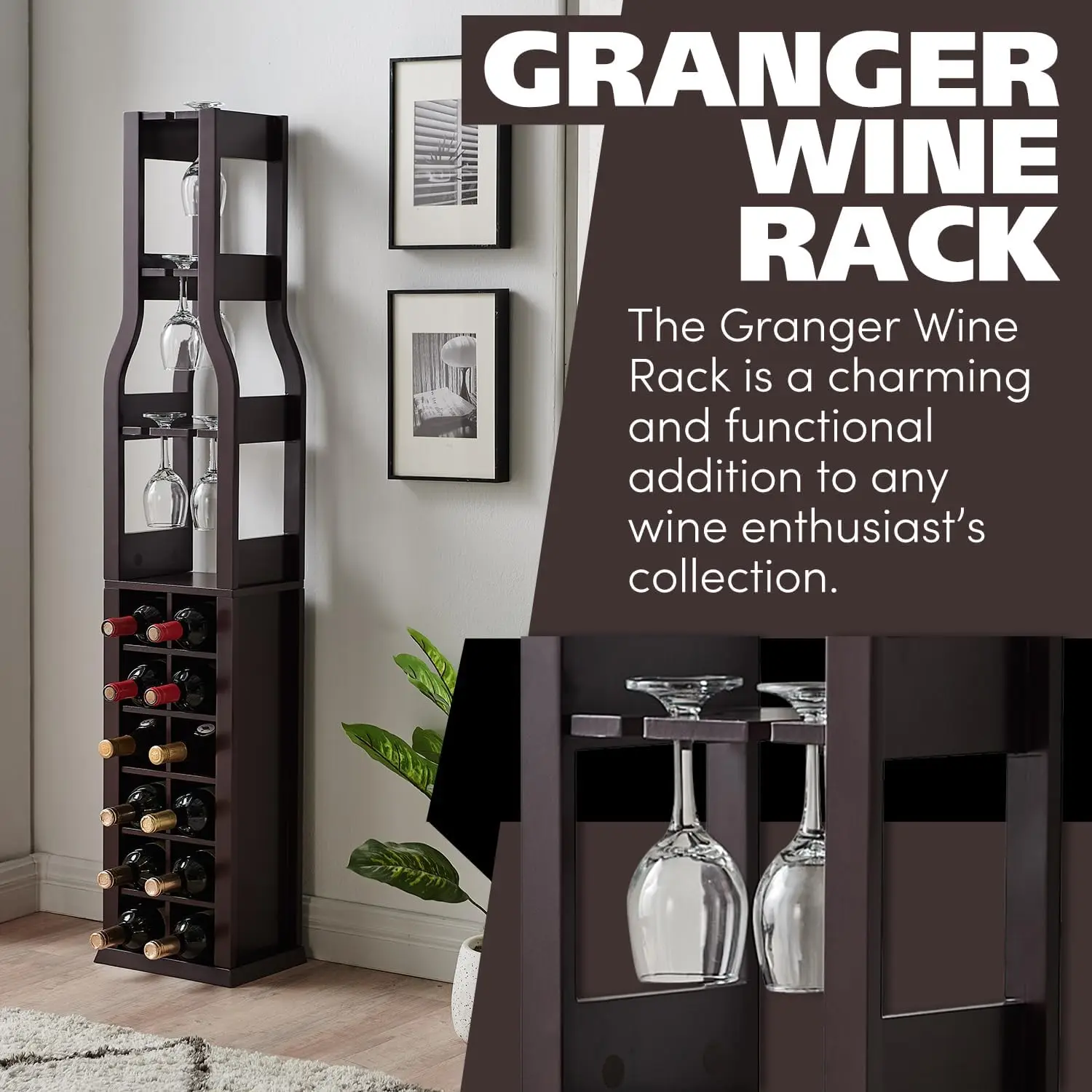 Wine Rack Freestanding Floor for Bottle Wine Rack w/ Glass Holder，3 Stemware Rack for Wine Glass Holder - 12 Bottles，Dark Cherry