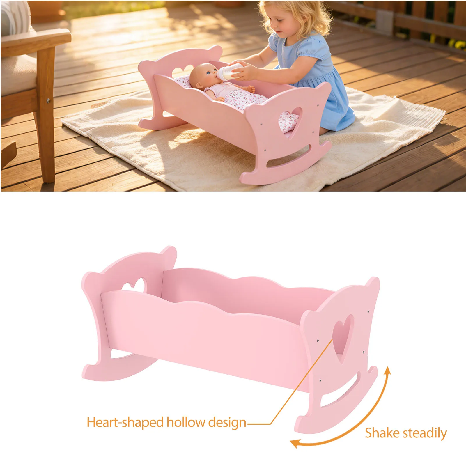 Miniature Crib for Doll Wooden for 20 Inch Dolls Kids Role Play Easy Assembly Baby Doll Bed with Pillow Mattress Pink Kids Gifts view 3