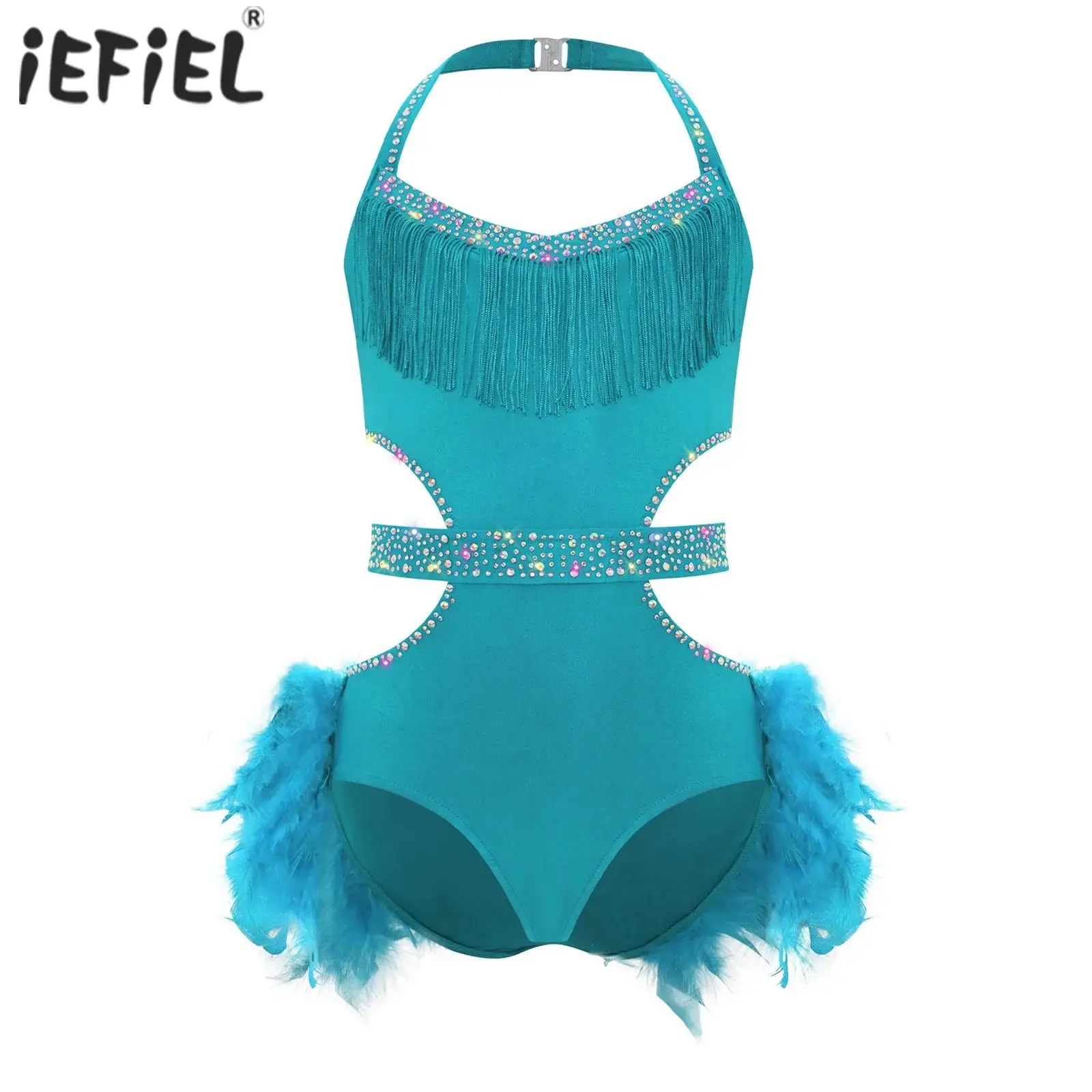 어린이 소녀 라틴 재즈 댄스 드레스 라인스톤 깃털 스커트 레오타드 반짝이는 의상 댄스 대회 무대 공연용