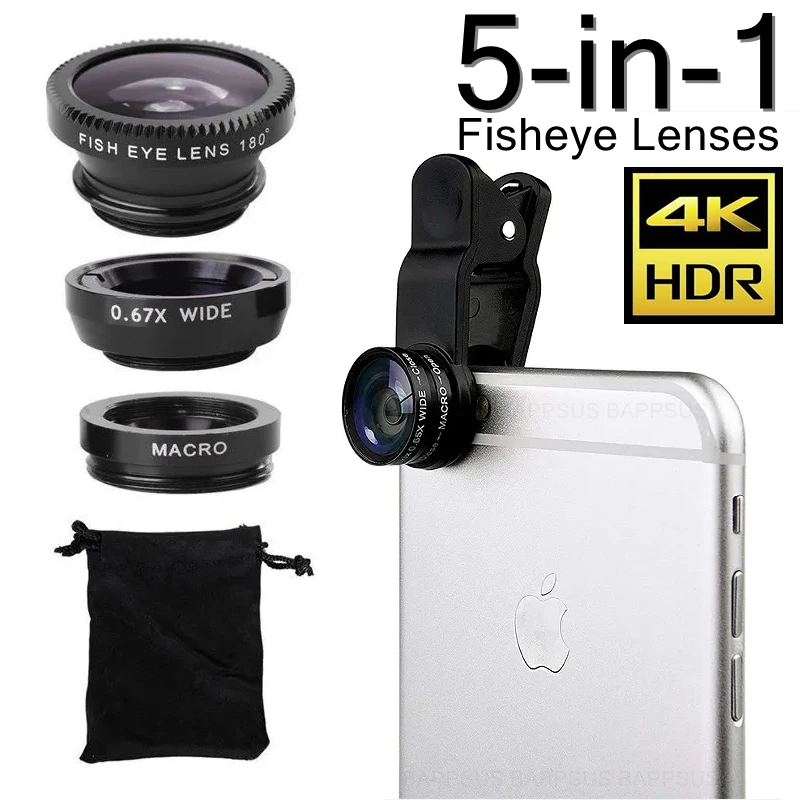 Mobile Phone Fisheye Lens 0.67x Wide Angle Zoom with Clip Macro Mobile Phone Fish Eye Lens for iPhone 15 14 Samsung Mi Universal