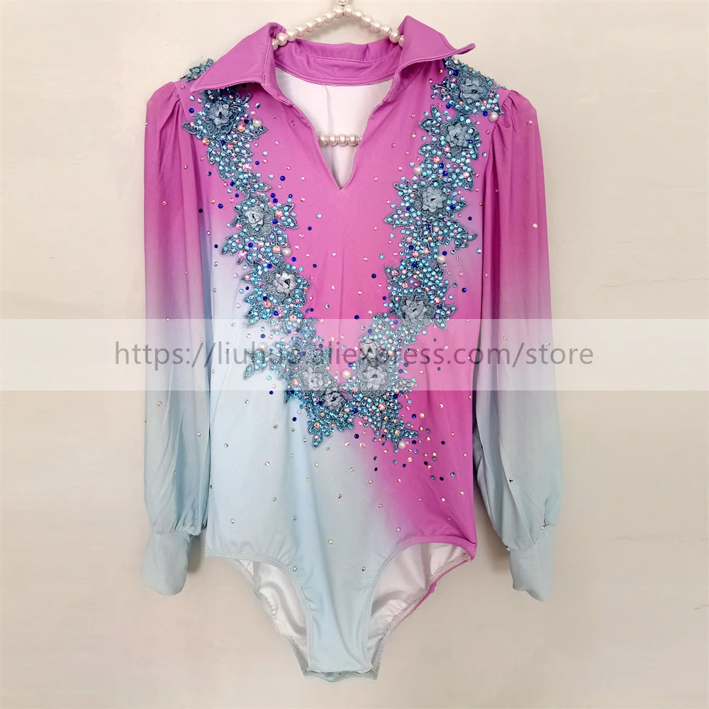 LIUHUO Figure Skating Top Men Boys' Ice Performance Costume Competition Long Sleeve Leotard Purple Gradient Dance Kids Teens Kid