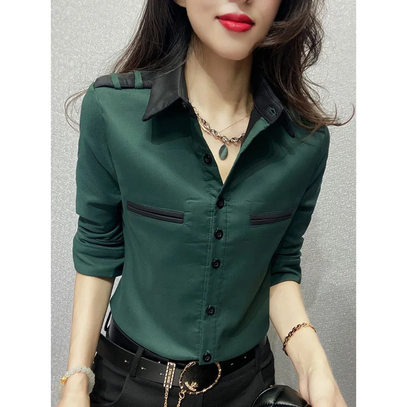 Fashion Lapel Button Spliced Loose Korean Shirt Women Clothing 2023 Spring Summer New Casual Tops All-match Office Lady Blouse