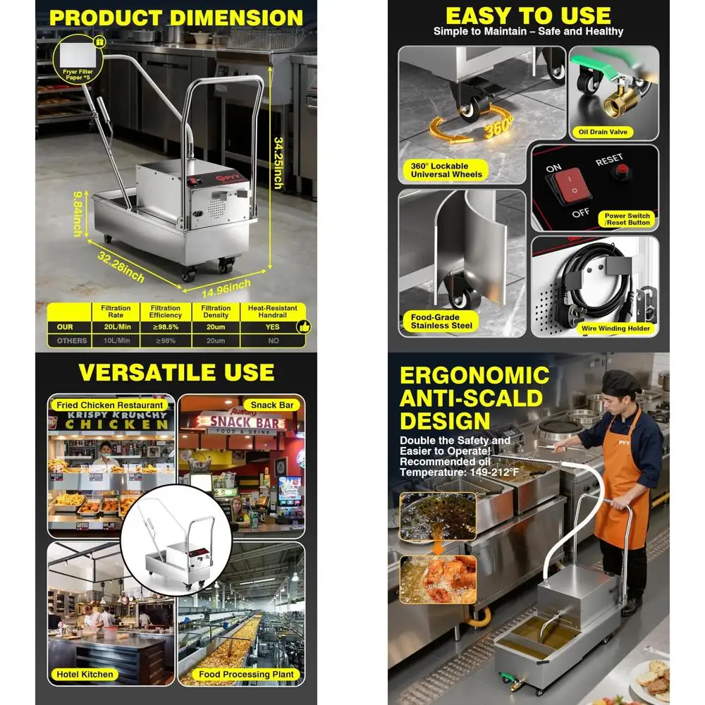 

Масляный фильтр для мобильной фритюрницы из нержавеющей стали, 40 л/10,5 галлонов, 5,28 галлонов/мин, 1700 об/мин, коммерческая система фильтрации фритюрницы для Restauran