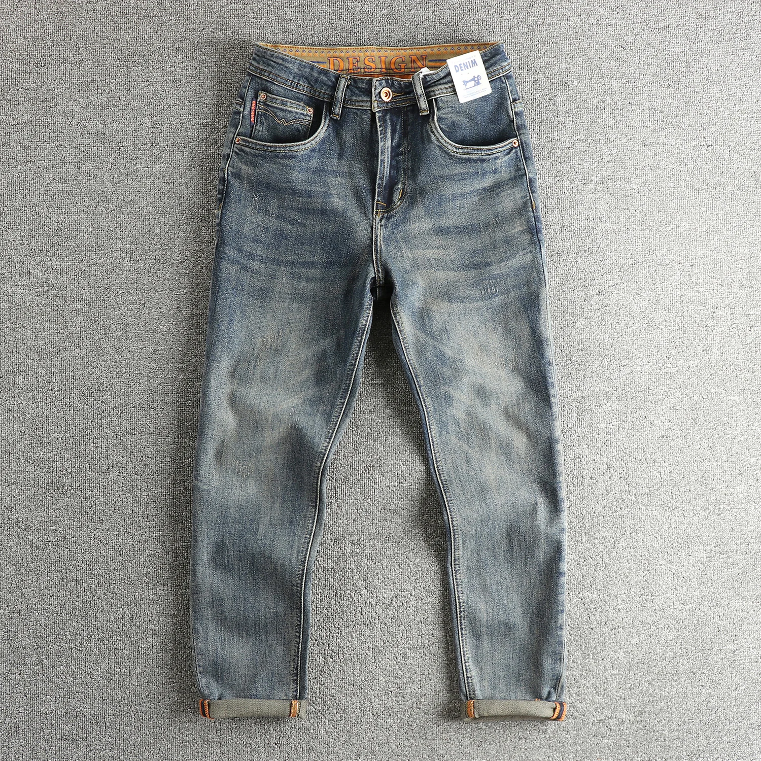 

Retro Washed Jeans Men's High End Twill Fabric American Trendy Brand Youth Nine Point Pants Slim Fit Straight Leg Jeans